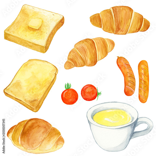 Tableau sur toile 手描き水彩の朝食セット（パンと洋食モーニング）｜Watercolor Breakfast Set (Hand-drawn Morning Meal)