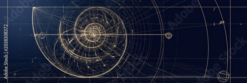 Digital art features a golden ratio spiral of fine lines on a dark navy background, emphasizing geometric shapes and details.