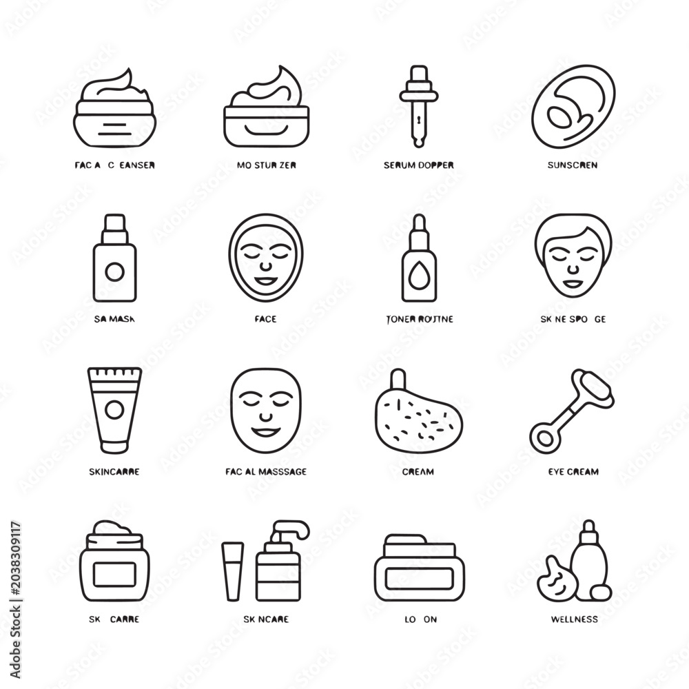 Fototapeta premium Skincare and beauty routine cosmetic procedure icon set with skincare cosmetics treatment