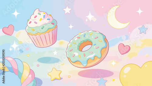 Kawaii Cupcake Donut Star Moon Pastel Background Vector