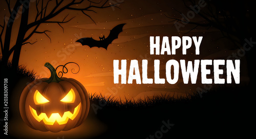 Happy Halloween illustration with jackolantern bat and spooky trees against an orange gradient background