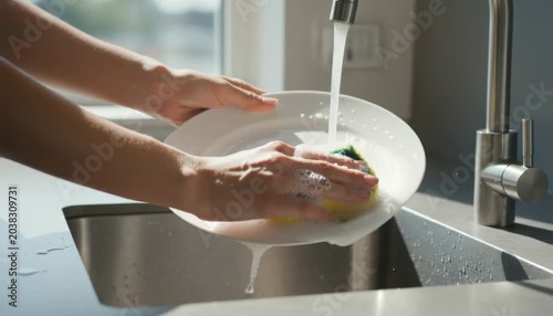 Hands diligently washing a white ceramic plate in a modern sink filled with sunlight