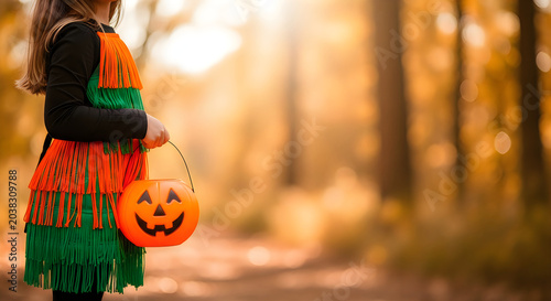 Little girl trick or treating with jack o lantern bucket in autumn forest