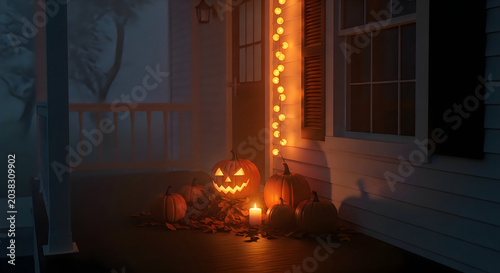 Halloween pumpkins and glowing lights decorate a cozy front porch at dusk