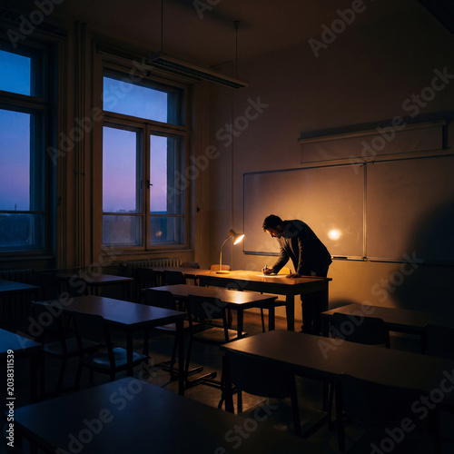 Teacher writes on desk in empty classroom during dusk with light shining on paper