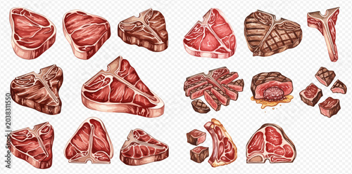 Bild auf Leinwand Watercolor illustration set of various fresh raw beef cuts, including steaks, roasts, and cubes, perfect for culinary designs