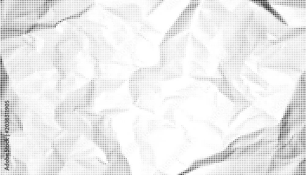 Fototapeta premium Halftone crumpled paper texture with black a dotted, rough, and wrinkled surface. Wite creased sheet background in comic pop-art style, featuring grainy folds and gritty distressed details.
