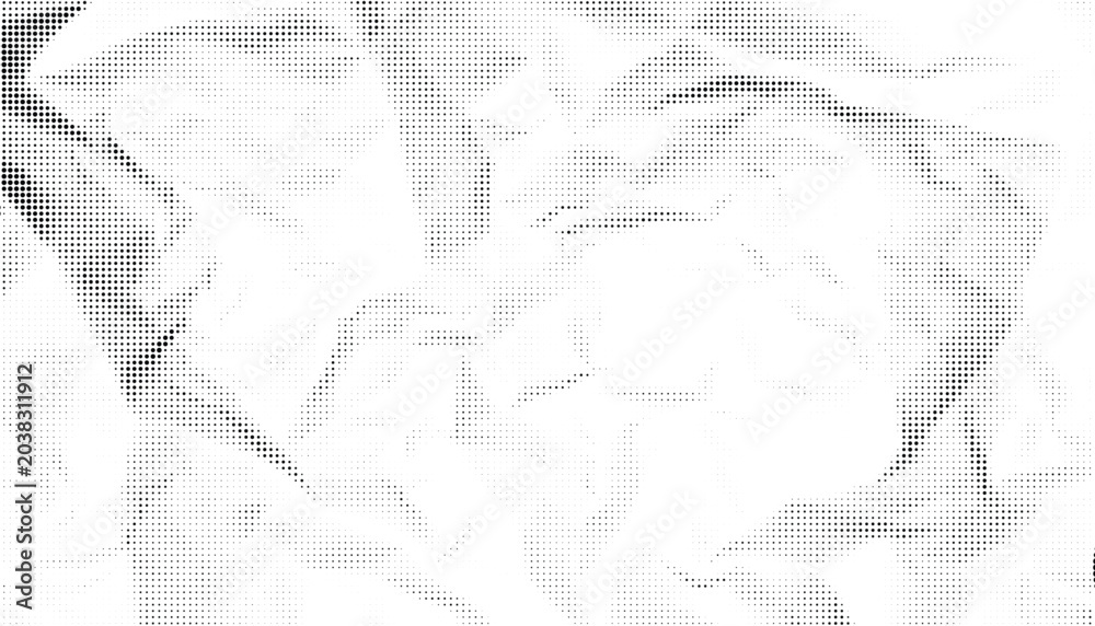 Fototapeta premium Halftone crumpled paper texture with black a dotted, rough, and wrinkled surface. Wite creased sheet background in comic pop-art style, featuring grainy folds and gritty distressed details.