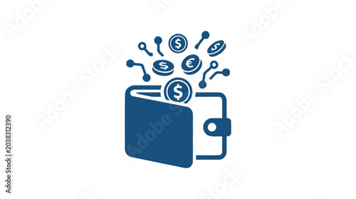 Digital Wallet and Money Transfer Vector Icon - Wallet with Floating Coins and Network Nodes