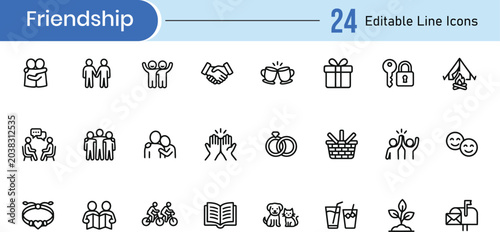 Billede på lærred Friendship icon set 24 editable line icons for social connection and relationshi