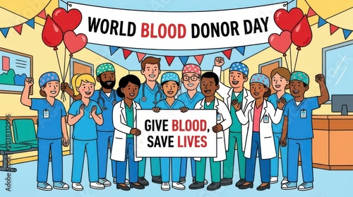 Medical Staff Celebrating World Blood Donor Day with Give Blood Save Lives Sign