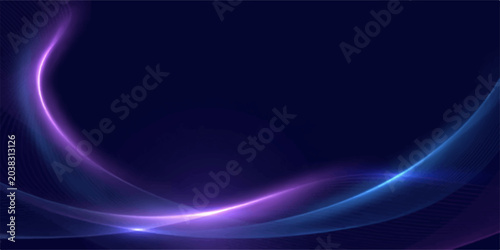 Billede på lærred Abstract waves of light in shades of purple and blue flow across a dark blue background, creating a sense of modern elegance and technological sophistication