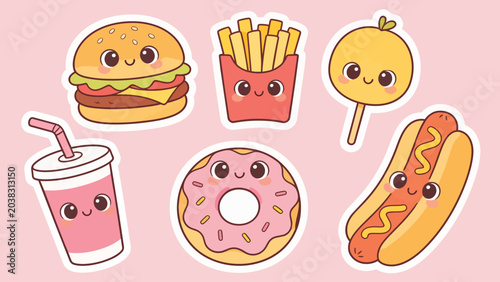 Kawaii Food Stickers Vector Illustration Set