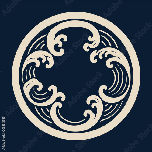 Japanese Wave Crest Pattern Circle Emblem Vector