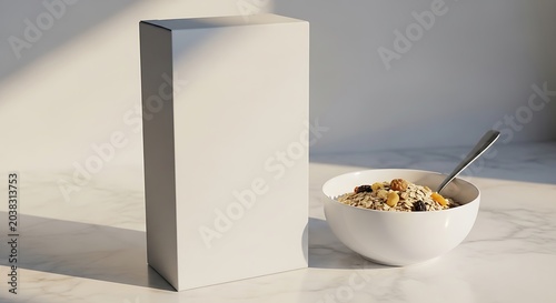 Plain light grey box standing next to a white bowl filled with cereal and dried fruit. cereal branding mockup