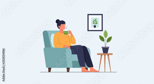 Factual illustration of a person sitting in a blue armchair drinking from a mug with a leaf icon, a houseplant on a table, and a framed botanical picture on a light background.