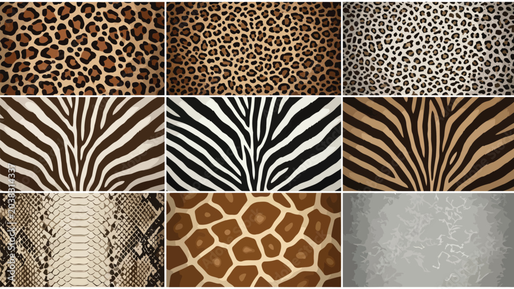 Obraz premium A captivating collection of diverse wild animal skin patterns, showcasing exotic textures like leopard, zebra, giraffe, and snake, perfect for naturalistic design backgrounds and fashion textiles