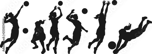 Foto illustration set of female volleyball players executing fundamental movements in