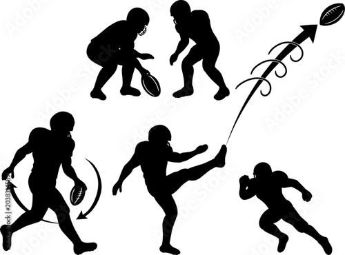 Cuadro en lienzo American football player silhouettes set showing kicking and punting actions