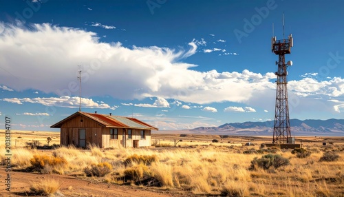 An old house on a hill sits under a blue sky with clouds, contrasting with a modern telecommunication tower and radio broadcast antenna