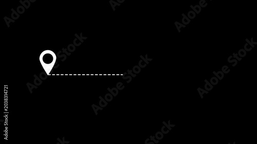 Airplane destination route animation, flying aircraft icon with dashed travel line, tourism path motion design, seamless loop concept on black screen background, 4k video