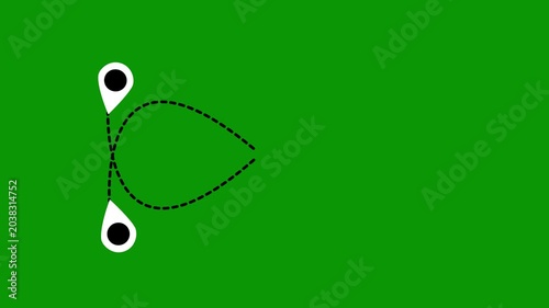 Airplane travel line animation, moving flight icon with dotted route and destination point markers, modern vacation motion graphics loop, green screen background seamless 4k video footage