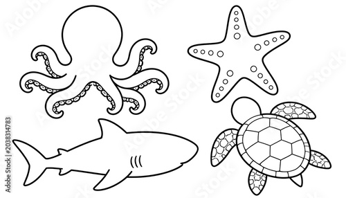 Faceless Ocean Sea Creatures Set Coloring Page Line Art