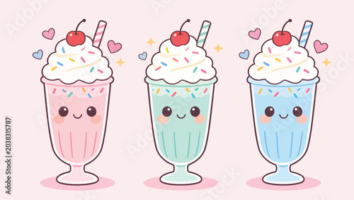 Kawaii Milkshake Illustration with Cherry and Sprinkles