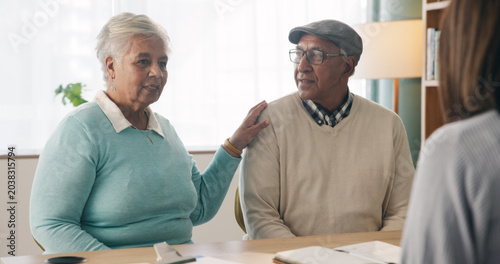 Photos Office, discussion or old couple with consultant for appointment, will planning or beneficiary update