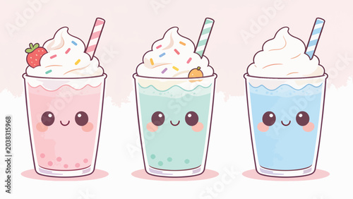 Kawaii Milkshake Vector Illustration with Cute Face and Strawberry