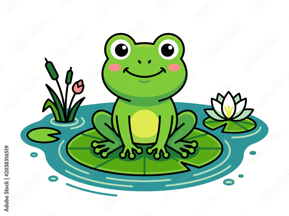 Fototapeta premium Cute Green Frog Sitting On Lotus Leaf