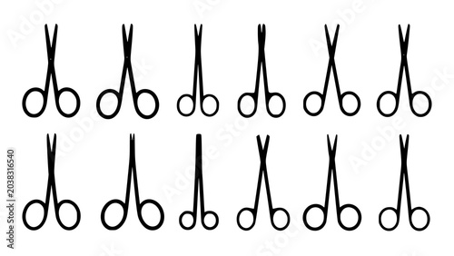 Schilderij op canvas Set of medical surgical scissors and artery clamps in line art style with scisso