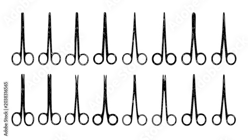 Graphic illustration set of medical surgical scissors and clamps with scissors, surgical