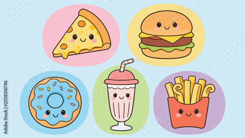 Kawaii Fast Food Illustration Set Vector