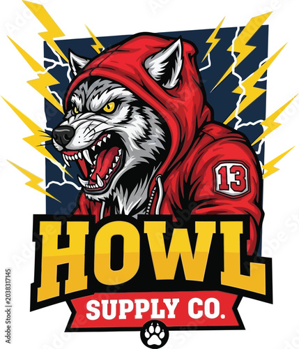 Εκτύπωση καμβά Aggressive wolf in red hooded jacket with lightning bolts and howl supply co