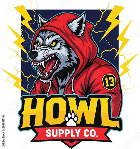 Tableau sur toile Aggressive wolf in red hoodie with lightning bolts and howl supply co
