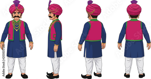 Quadro su tela Cartoon character, man in traditional indian attire, front, side, and back views