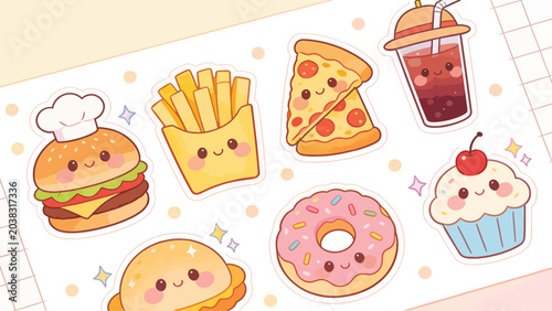 Kawaii Fast Food Sticker Pack Vector Illustration