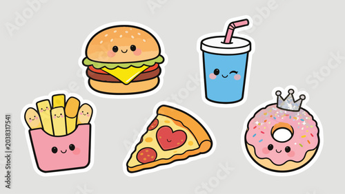 Kawaii Fast Food Stickers Vector Set