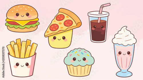Kawaii Fast Food Illustration Vector Set