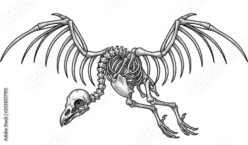 Foto Vintage engraved bird skeleton vector illustration in black and white natural hi