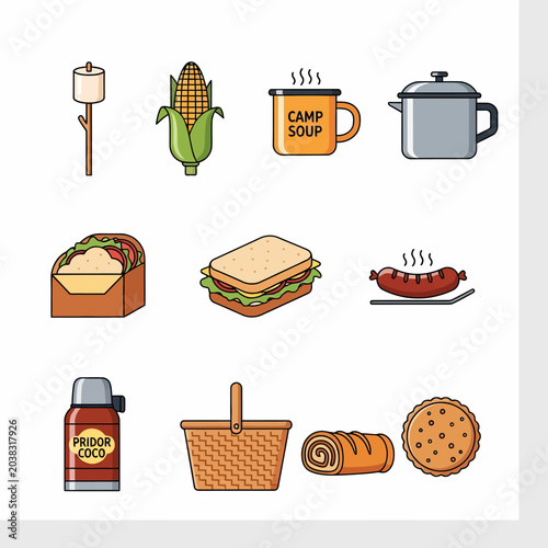Collection of camping and picnic food items, including hot dogs, sandwiches, soup, and pie, perfect for outdoor adventures.