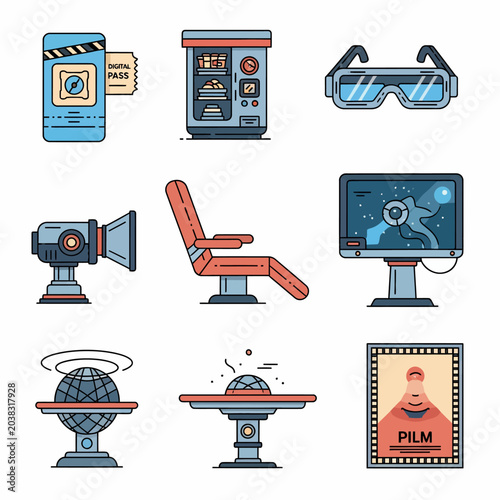 Collection of cinema and virtual reality themed icons.