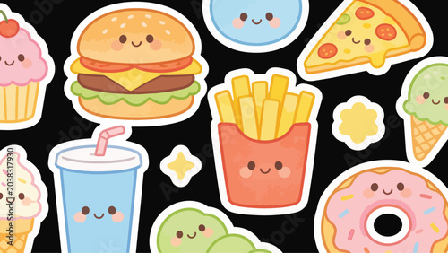 Kawaii Fast Food Stickers with Cute Faces Vector