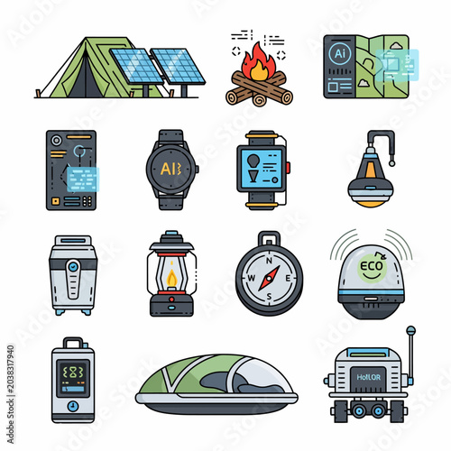 Collection of camping and outdoor adventure gear icons.