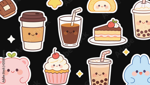 Kawaii Food and Drink Sticker Pack Vector Illustration