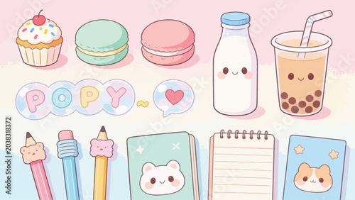 Kawaii Food and School Supplies Cute Character Illustration