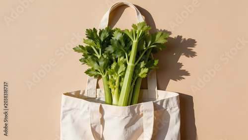 Fresh celery in a beige canvas bag