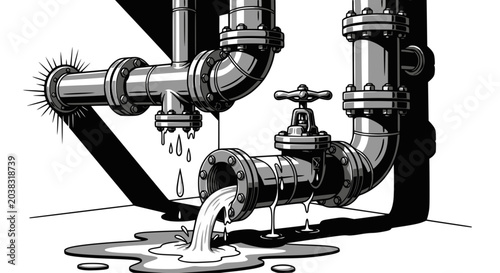 Leaking pipe with flowing water, cartoon illustration. Concept of economical water consumption. Vector illustration, transparent SVG version.