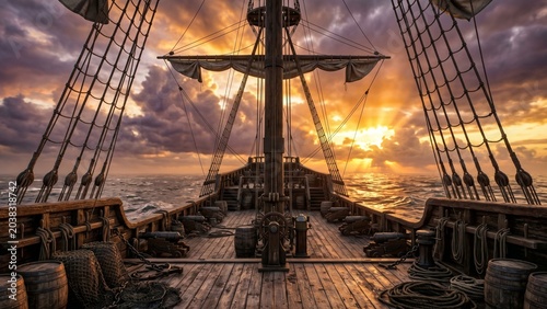 Cinematic view of a calm sea at dusk seen from the deck of a historic sailing vessel, highlighting dark wooden architecture, maritime details, and glowing sun rays